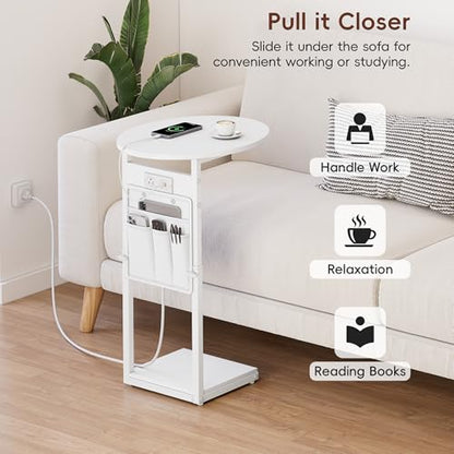 Vagusicc C Shaped End Table with Charging Station, 32" Tall Side Table for Couch and Recliner, Adjustable Height Small Couch Side Table Slide Under Sofa TV Tray Table for Living Room, Bedroom, White - color: White, style: Charging Station