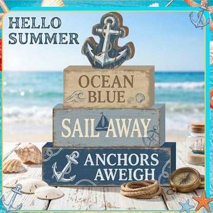 4 Pcs Nautical Anchor Bathroom Decor Summer Coastal Farmhouse Table Wooden Signs Sailing Tiered Tray Decor Ocean Table Decor Navy Blue Shelf Sitter Tabletop Home Decorations Gifts - style: Anchor