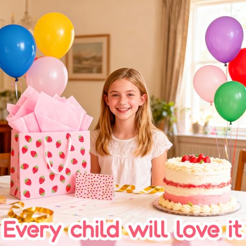 LERCTH Pink Strawberry Themed Gift Bag Set (12.99"x10.24"x4.92") – Tissue Paper, Greeting Card Included | Reusable Tote for Parties, Birthdays & Gifting (Girls, Women, Bridal) - color: Pink Strawberry Gift bag, size: 1 count (Pack of 1)