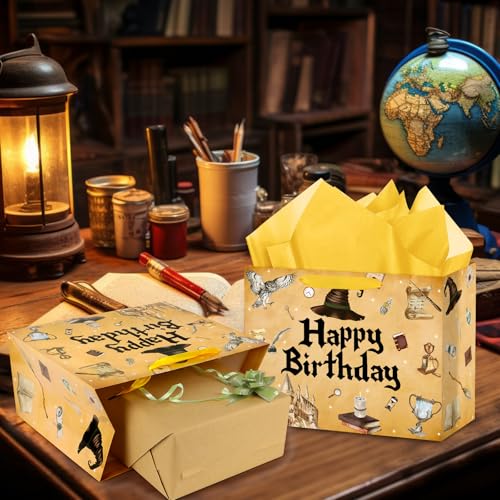 Hooqict Magical Wizard Gift Bag Happy Birthday Gift Wrapping Bag with Handles, Tissue Paper and Greeting Cards for Kids Girls Boys Wizard Birthday Party Supplies Halloween Party Favors - color: Magical Wizard