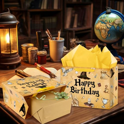 Hooqict Magical Wizard Gift Bag Happy Birthday Gift Wrapping Bag with Handles, Tissue Paper and Greeting Cards for Kids Girls Boys Wizard Birthday Party Supplies Halloween Party Favors - color: Magical Wizard