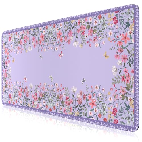 HAOCOO Purple Desk Mat for Keyboard and Mouse, Floral Keyboard Mat with Edge Stitching, Non-Slip Large Mouse Pad for Desk for Gaming,Women Office - color: Purple
