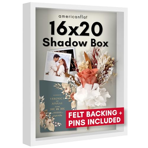 Americanflat 16x20 Shadow Box Frame with Polished Plexiglass - Silhouette Collection - Large Shadow Box Display Case for Tabletop and Wall Display - White with Soft Felt Back - color: White, size: 16x20