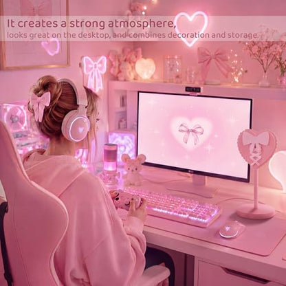 Kingdder Pink Heart Bow Headphone Stand Cute Wood Headphone Stand Adorable Headset Holder Accessories Gamer Gifts for Teenage Women Teacher Girlfriend Office Worker Wife Gamer Room Office Desk - style: Heart Bow