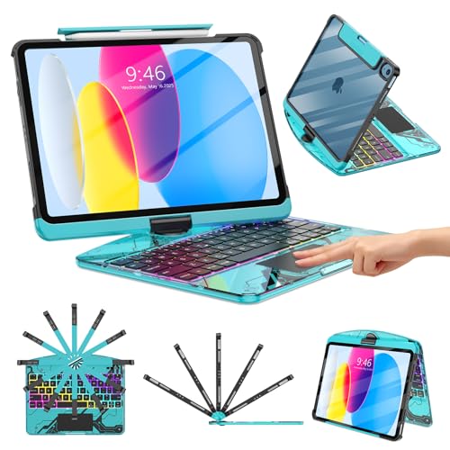 TSQQST Clear Wireless Keyboard Case for iPad (A16) 11th Generation 11-inch 2025/ iPad 10th Generation 10.9-inch 2022 with Pencil Holder & Multi-Touch Trackpad, 7-Color Backlit, 360 Rotatable, Blue - color: Clear+Blue, size: A16 11th/10th