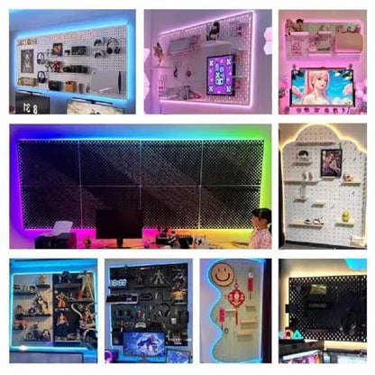 RGB Gaming Wall Organizer Peg Board with RGB LED Strip Lights, 2PCS Metal Gamer Wall Decor Peg Board with Hooks, DIY Gaming Setup Organizer PegBoard Gaming Wall Accessories 12 * 24”