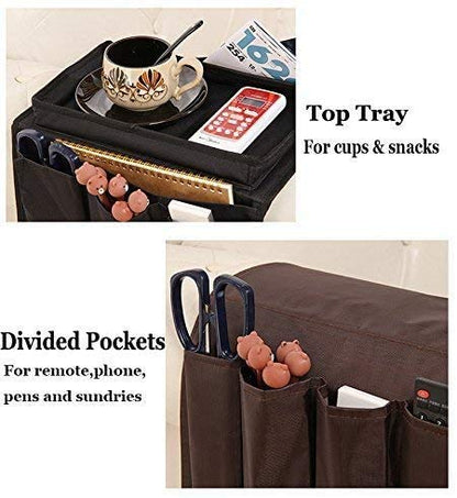 6 Pockets TV Remote Control Organizer, Home Sofa Console Folding Table Slipcover Drapes Over Arm Caddy Holder Desk Chair Armrest Hanging Storage Bag for Cellphone,Tray,Tea Cup,Pen,Magazine& Snacks