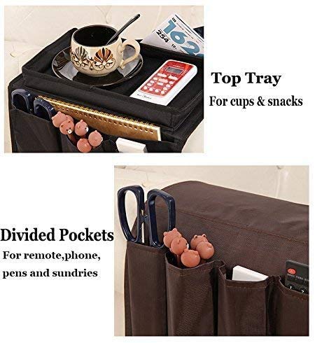 6 Pockets TV Remote Control Organizer, Home Sofa Console Folding Table Slipcover Drapes Over Arm Caddy Holder Desk Chair Armrest Hanging Storage Bag for Cellphone,Tray,Tea Cup,Pen,Magazine& Snacks