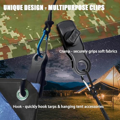 Tarp Clips Clamps Heavy Duty Lock Grip with Bungee Cords, Shark Shade Cloth Backdrop Tent Large Clip with Hook Accessories for Garden Outdoor Pool Cover Tarp Tie Downs Canvas Solar RV Awning