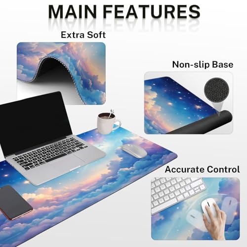 Arttown Starry Sky Desk Mat Cloud Colorful Mouse Pad Set 4 in 1 Beauty Night Sky Ergonomic Design Large Desk Pad + Keyboard Wrist Rest + Mouse Wrist Rest + Coaster Suitable for Home Office Study Game - color: Starry Sky