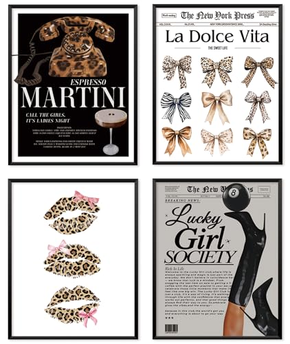 Locomiss Trendy Fashion Leopard Wall Art Posters, Cheetah Print Wall Decor, Funky Leopard Martini Coquette Bow Lips 8 Ball High-Heel Posters for Girls Dorm Bedroom Decor, Set of 4(8x10 Unframed) - color: vintage