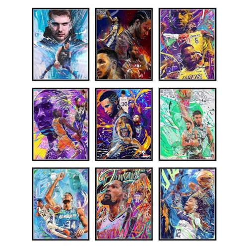 BigWig Prints Basketball Posters - Basketball Posters for Boys Bedroom, Nba Art for Boys Room, Sports Wall Decor, Kobe Bryant, Lebron James, Steph Curry, Kawhi Leonard - Unframed Set of 9 (8x10) - color: Basketball Mix