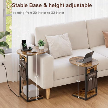 Vagusicc C Shaped End Table with Charging Station, Adjustable Height Side Table for Couch, 32" Tall End Table Small Couch Side Table, Slide Under Sofa TV Tray Snack Arm Tables for Living Room, Brown - color: Rustic Brown, style: Charging Station