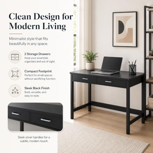 4NM 39.4" Small Desk with Wood Drawers, Home Office Computer Desk with Wooden Legs, Study Writing Table Vanity Desk for Small Spaces - Black - color: Black