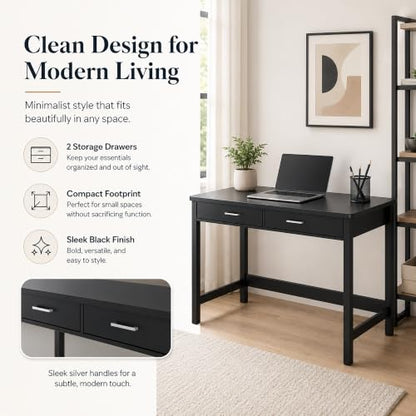 4NM 39.4" Small Desk with Wood Drawers, Home Office Computer Desk with Wooden Legs, Study Writing Table Vanity Desk for Small Spaces - Black - color: Black
