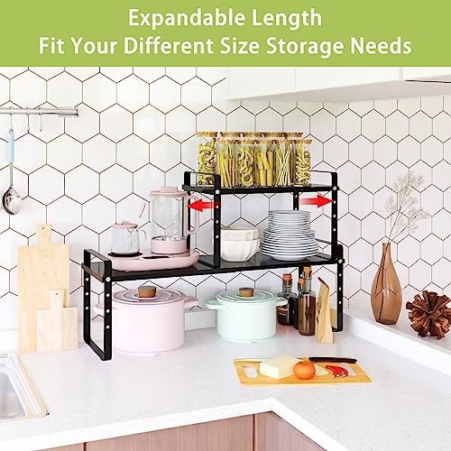 Across-Star Expandable Cabinet Shelf Organizer Rack, Stackable Kitchen Counter Storage Shelves Stand, Adjustable Height Pantry Shelf Spice Rack - color: Black-2 Pack, size: 10.24''D*16.14-25.59''W*10.24''H