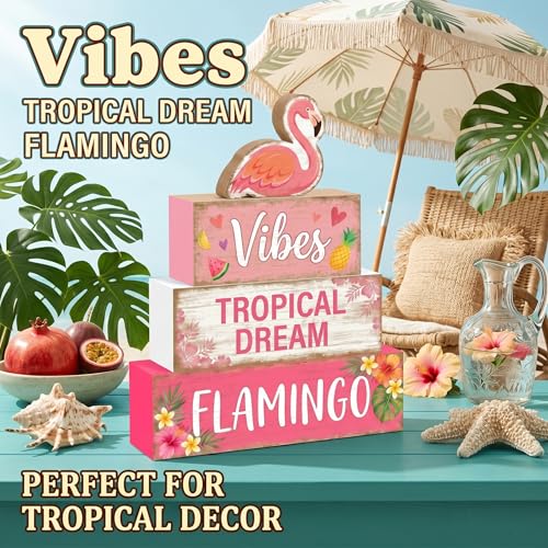 4 Pcs Summer Flamingo Room Table Decor Pink Flamingo Wooden Tiered Tray Decor Set Pink Tropical Summer Party Wooden Signs Shelf Sitter Pool Beach Theme Table Centerpieces for Home Decorations - style: Flamingo