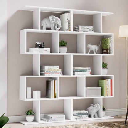 Cozy Castle Set of 2 Geometric Bookcase, S-Shaped Modern Bookshelf, Room Divider Bookshelf, 62" Tall Unique Abstract Bookcase with 5-Tier Display Shelf for Living Room Office, White - color: White