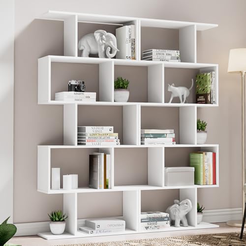 Cozy Castle Set of 2 Geometric Bookcase, S-Shaped Modern Bookshelf, Room Divider Bookshelf, 62" Tall Unique Abstract Bookcase with 5-Tier Display Shelf for Living Room Office, White - color: White