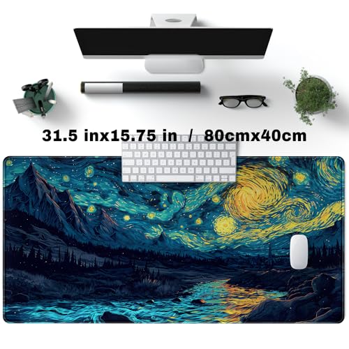Misty Forest Desk Pad Mat Vincent Van Gogh XL Mouse Pad Gaming Playmat Large Mousepad XXL Desk Laptop Pad Equipped with Waterproof Storage Bag Non-Slip Stitched Edges (31.5x15.7 in) - color: D-blue Enchantress