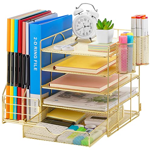 Marbrasse Rose Gold Desk Organizer with File Holder, 5-Tier Paper Letter Tray Organizer with Drawer and 2 Pen Holder, Mesh Desktop Organizer and Storage with Magazine Holder for Office Supplies - color: Gold