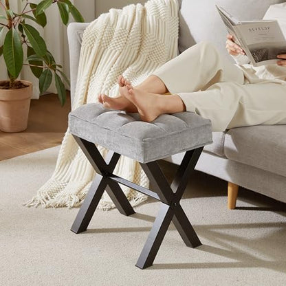 Royal Windsor Vanity Stool,Square Ottoman Stool Foot Rest,Upholstered Vanity Chair Foot Stool with Metal X Legs, Small Vanity Seat for Entryway,Bedroom and Living Room,Linen Light Grey - color: 12.6"d Light Grey+black