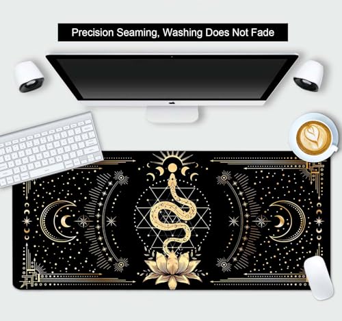 Black & Gold Large Mouse Pad, Boho Snake Witch Desk Mat for Desktop, Women Gaming Full Desk Mousepad, Moon Phases Computer Laptop Protector Writing Pad for School Office Home 35.4x15.7 in - color: Black & Gold Snake