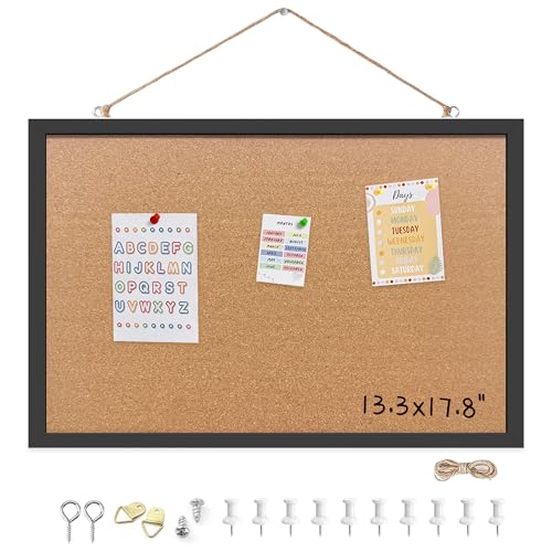 Cork Bulletin Board, 13.3x17.8 Inches Hanging Cork Board Wooden Framed with Pins for Wall, Dorm Room, Office, Home Decor – Natural Cork & Black Frame - color: Black, size: 13.3*17.8inch