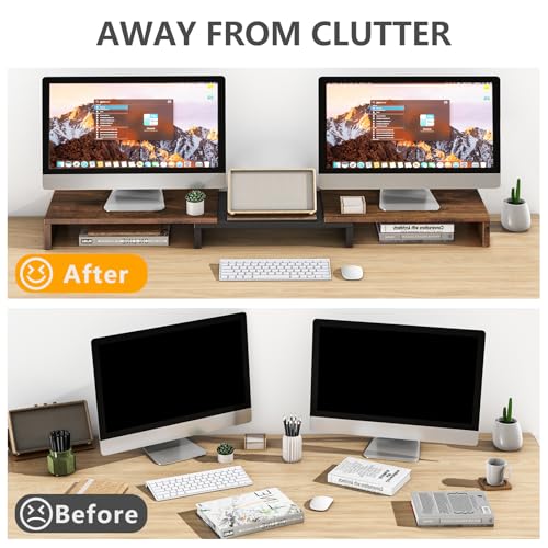 TAVR Dual Monitor Stand Riser, Computer Monitor Stands for 2 Monitors, Extra Long Multifunctional Wooden Desktop Organizer Riser for Computer, Laptop, PC, Printer, TV, Max 43.3" Length, Rustic Brown - color: Rustic Brown