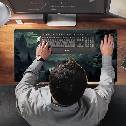 XXL Large Gaming Mouse Pad Anime Green Moon Mountains Desk Mat, Desk Decor Mousepad Computer Mat, Non-Slip Rubber Base Desk Pad, Laptop Keyboard and Mouse Mat with Stitched Edges, 31.5x15.75 in - color: Green Moon Mountains