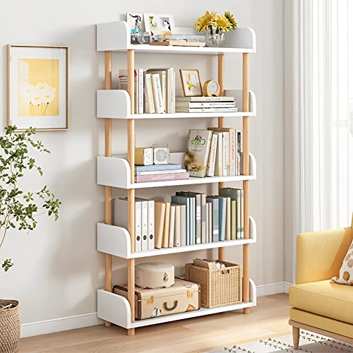 OSCHF 5-Tier Wooden Open Bookcase - Modern Display Bookshelf with Top Edge and Solid Wood Frame for Home and Office, Storage Cabinet, Warm White - color: Warm White, size: 5-tier