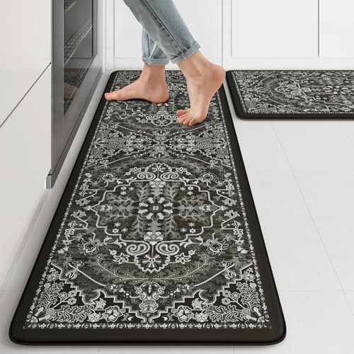 KIMODE Kitchen Mats Cushioned Anti Fatigue, Boho Vintage Kitchen Rugs Sets of 2, Non Slip Kitchen Mats for Floor, Memory Foam Kitchen Floor Mat for Sink Laundry Desk Black Multi 17"x47"+17"x29" - color: Black/Multi, size: 17.3" x 47"+17.3" x 29"--0.47 inc