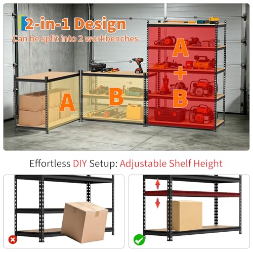 Garvee 5-Tier Heavy Duty Storage Shelving Unit, 2204 Lbs Capacity Garage Shelves, Adjustable Metal Storage Rack with Density Board for Garage Kitchen Basement Pantry, 72" H x 48" W x 24" D - size: 72" H x 48" W x 24" D
