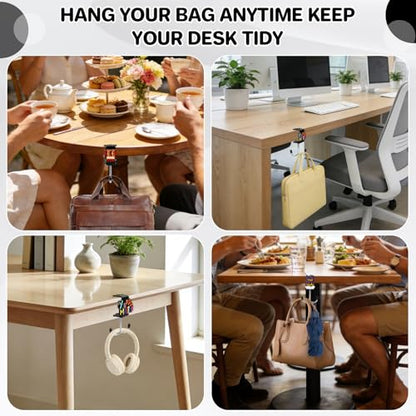 AULEEP 2 Pack Clamp-On Under Desk Bag Hanger, Adjustable Purse Hook for Table with Cute DIY Stickers, 100 lbs Capacity Heavy-Duty Desk Organizer Hooks for Handbag, Backpack, Headphone, Black & White - color: Black & White