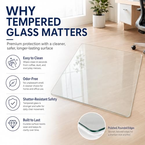 40 x 48 Inch Glass Chair Mat, 1/5 Inch Thick Tempered Glass Office Chair Mat for Carpet and Hardwood Floors, Heavy Duty Clear Computer Desk Floor Protector with 4 Anti-Slip Pads - size: 48" x 40"