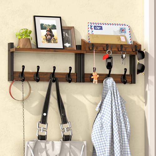 29'' Rustic Coat Rack Wall Mount with Shelf, Solid Wood Coat and Key Hanger with 11 Metal Hooks, Farmhouse Wall Organizer for Mail, Entryway Wall Hangers for Hats, Clothes, Backpacks, Mudroom - color: Rustic Brown, size: 29Inch