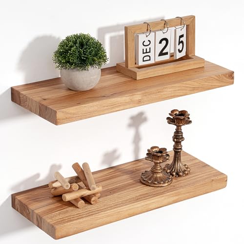 Floating Shelves for Wall Decor, 8" Deep Rustic Solid Elm Wood Floating Shelves Wall Mounted, Wall Shelves with Invisible Bracket for Living Room Bathroom Bedroom Kitchen, 20 Inch Set of 2, Natural - color: Natural, size: Flat Edge, 20inch, 2Packs