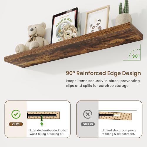 Marsmiles 48in Floating Shelves for Wall, 48" W x 9.25" D x 1.25" H, 2 Pack Long Wall Mounted Engineered Wood Shelves with Invisible Brackets for Living Room, Bedroom, Bathroom, Kitchen, Rustic Brown - color: Rustic Brown With Invisible Metal Brackets, si