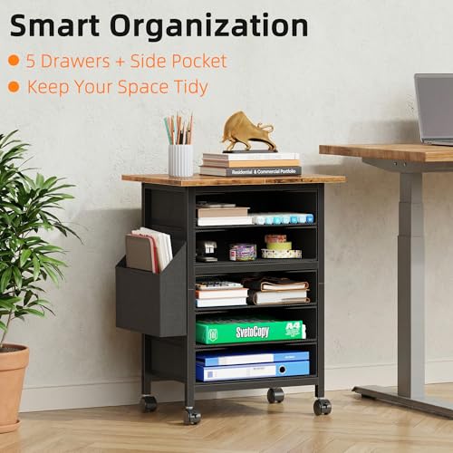HIGDBFE 5 Fabric Drawers File Cabinet with Side Pocket, Rolling Printer Stand with Storage for Home Office, Wood Top Storage Cabinet Office Storage for Documents and Crafts, Rustic Brown, 15" D - size: 15"D (5 Drawers)