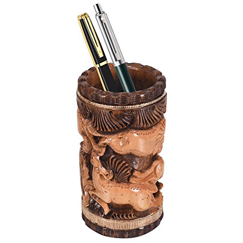 Craft Trade Hand Carved Wood Pen Holder for Desk Organizer for Home School Office Supplies Pencil Cup Pot Storage Box Suitable for Stationery - Wooden - color: Carved Elephant