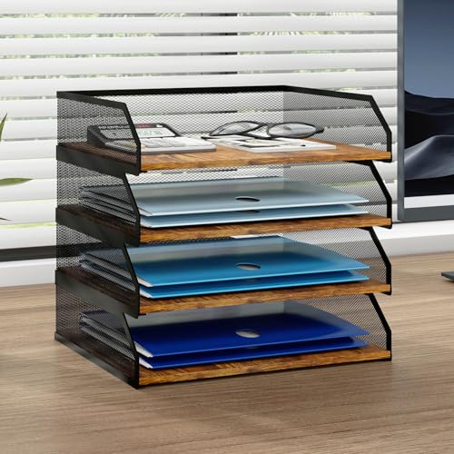 Natwind 4-Tier Stackable Metal Mesh Paper Organizer with Sliding Tray,Retro | Wooden Desk Organizer, Letter Tray For Desktop,File Holder For Home Office School Classroom Organization - size: 4 Tier