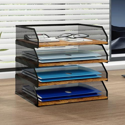 Natwind 4-Tier Stackable Metal Mesh Paper Organizer with Sliding Tray,Retro | Wooden Desk Organizer, Letter Tray For Desktop,File Holder For Home Office School Classroom Organization - size: 4 Tier