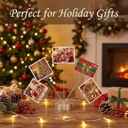 Desktop Heart-Shaped Photo Tree Style Holders Round Base,5-Branch Family Picture Frame Clips Holder Desk Card Display Stand for Christmas,Wedding, Birthday Party,Gift Silver - color: Gift Silver