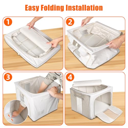 Foldable Clothes Storage Bins with Solid core powder-coated steel fram, 24/ 66L Storage Bags Fabric Box Organizer with Clear Window Zippers Sturdy Handles 2 Pack (Beige, 66L 1Pack) - size: 66L 1Pack