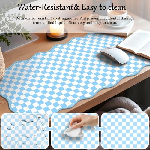 Scalloped Desk Mat Extended Large Cute Mouse Pad Big Desk Pad XXL Aesthetic Kawaii Plaid Mousepad Checkered Mouse Pad for Keyboard Computer Laptop Home Office Accessories Girl 31.5X15.7Inch Blue - color: Blue, size: 31.5" x 15.7"