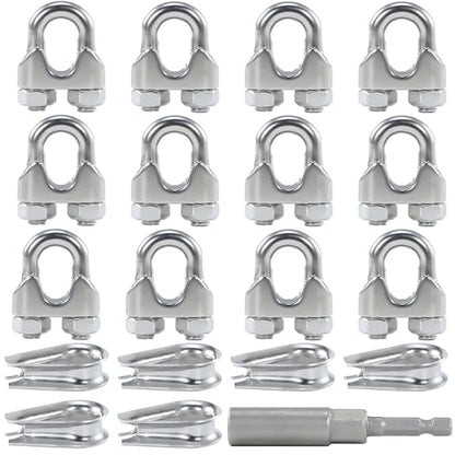 12PCS M4 5/32 Inches Stainless Steel Wire Rope Clips Cable Clamp,6PCS Thimbles - size: 12 M4 Clips,6 Thimbles,1 Nut Driver