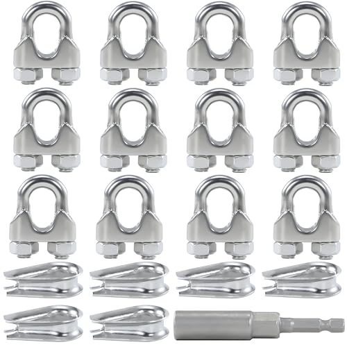 12PCS M4 5/32 Inches Stainless Steel Wire Rope Clips Cable Clamp,6PCS Thimbles - size: 12 M4 Clips,6 Thimbles,1 Nut Driver