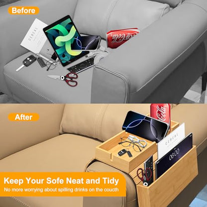 MinBoo Sofa Arm Tray Bamboo with Side Storage Pocket Couch Arm Table Cup Holder Absorbent Pad Foldable Portable Sofa Arm Chair Table for Drink Cups EatsSnacks Phone Remote Home Gift Accessory