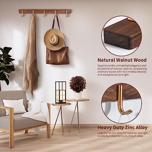 Wall Mounted Coat Rack, Entryway Hanging Rack with Rustic Hooks for Coat, Scarf, Bag, Towel, Key, Cap, Hat - Walnut Gold Matt (5 Hooks - J Shape) - size: 5 Hooks - J Shape