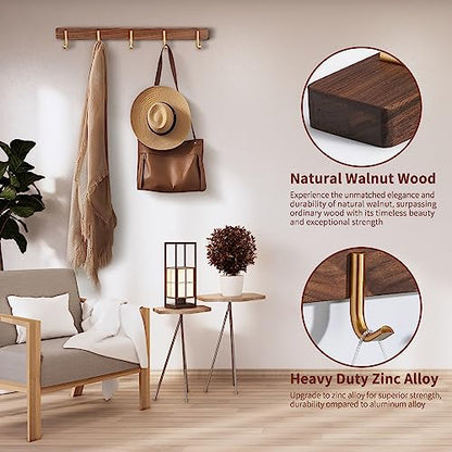 Wall Mounted Coat Rack, Entryway Hanging Rack with Rustic Hooks for Coat, Scarf, Bag, Towel, Key, Cap, Hat - Walnut Gold Matt (5 Hooks - J Shape) - size: 5 Hooks - J Shape